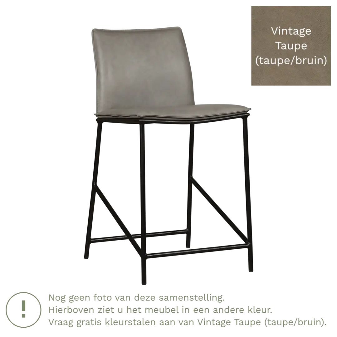 afbeelding van Leren barkruk laag Favor - Vintage Taupe (taupe/bruin) - poten staal rond zwart